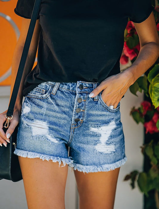 Szorty krótkie jeansowe z przetarciami zapinane na guziki Fiorangela-Spodnie Szorty Spódnice-Evoranow