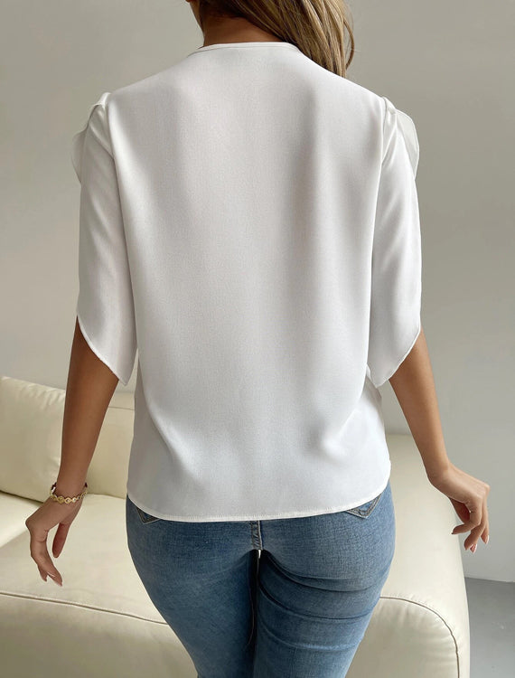 Bluzka z ażurowym dekoltem w kształcie litery V Wakaba-Bluzki Topy Koszule-Evoranow