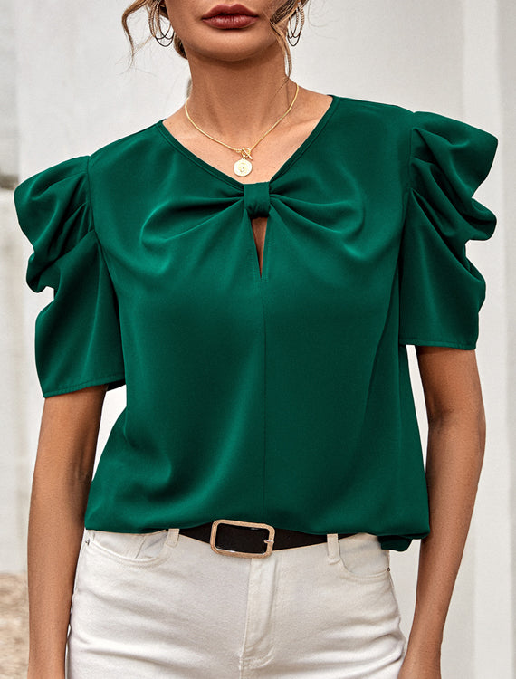 Bluzka z krótkimi bufiastymi rękawami i dekoltem w kształcie kokardy Aghavni-Bluzki Topy Koszule-Evoranow