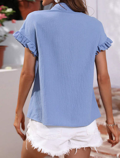 Koszula z gniecionego materiału z krótkimi rękawami wykończonymi falbankami Rodovica-Bluzki Topy Koszule-Evoranow