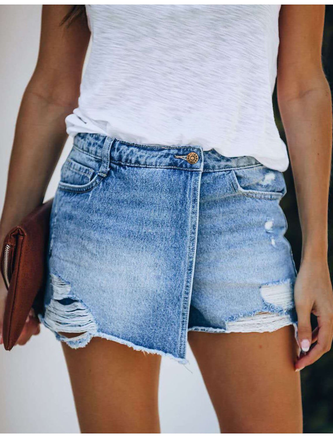Spódnica jeansowa mini z kopertowym zapięciem i przetarciami Jaclin-Spodnie Szorty Spódnice-Evoranow