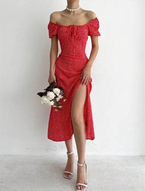Sukienka hiszpanka z wiązaniem na dekolcie i rozporkiem Lyla-Sukienki-Evoranow