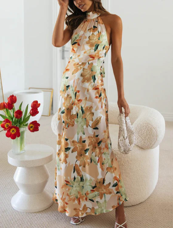 Sukienka maxi z printem z dekoltem typu halter Caty-Sukienki-Evoranow