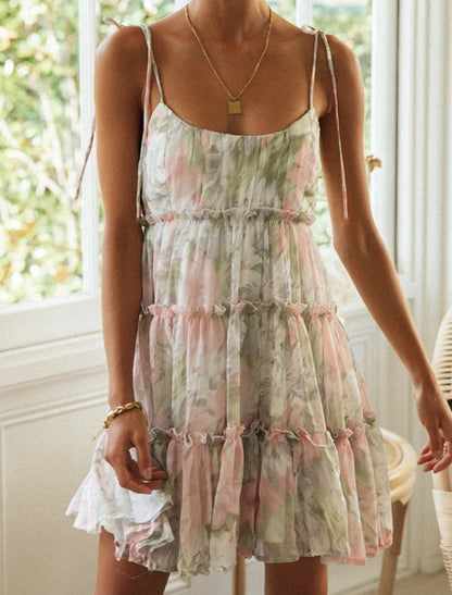 Sukienka mini na cienkich wiązanych ramiączkach z przeszyciami Lajla-Sukienki-Evoranow