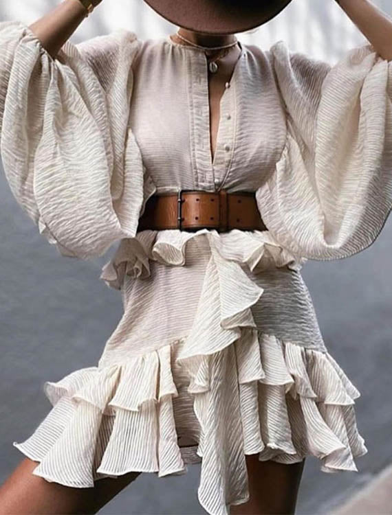 Sukienka mini z falbaniastym dołem i luźnymi rękawami Dymphy-Sukienki-Evoranow