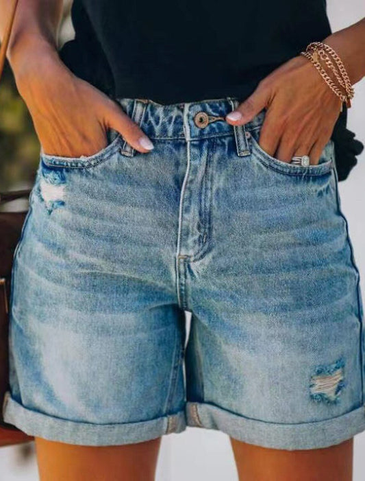 Szorty jeansowe proste z podwijanymi nogawkami i przetarciami Thaleia-Spodnie Szorty Spódnice-Evoranow